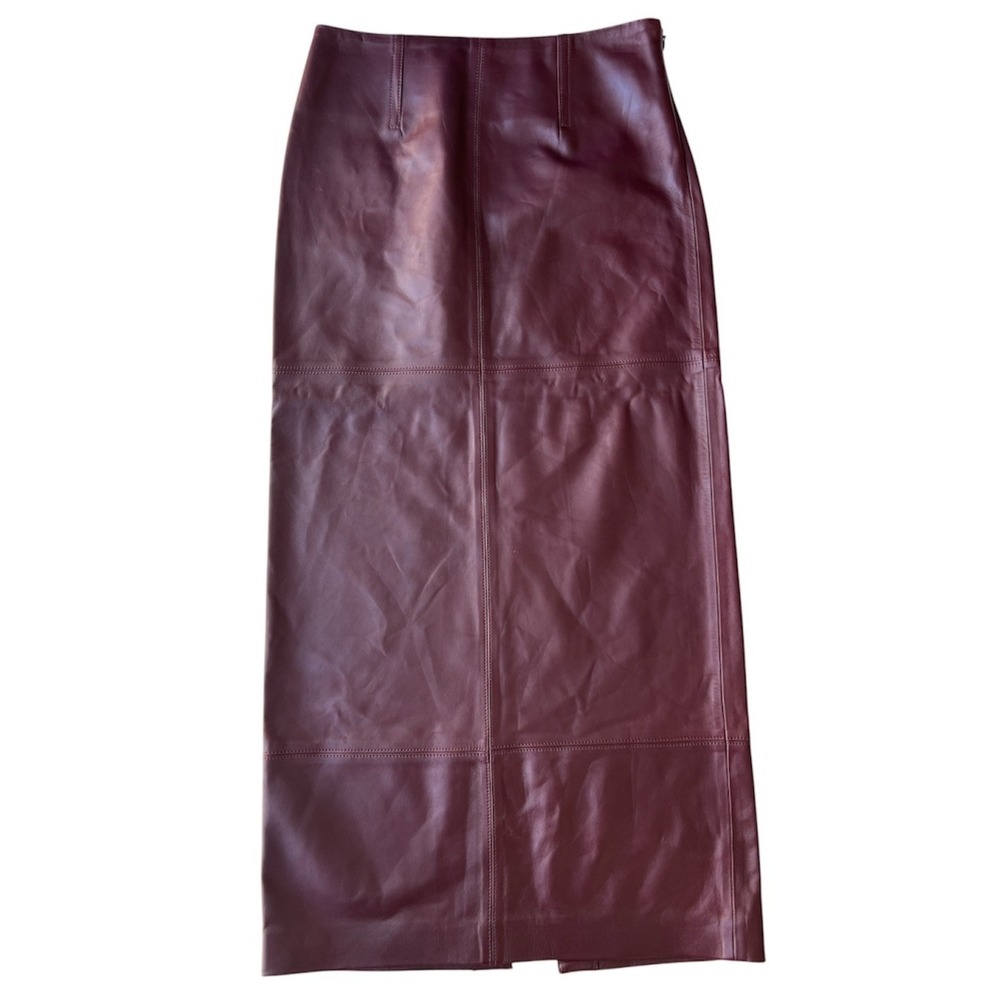 SRG Lamb Leather Skirt Oxblood Red High Waist Slit Mango Women XS Designer $750